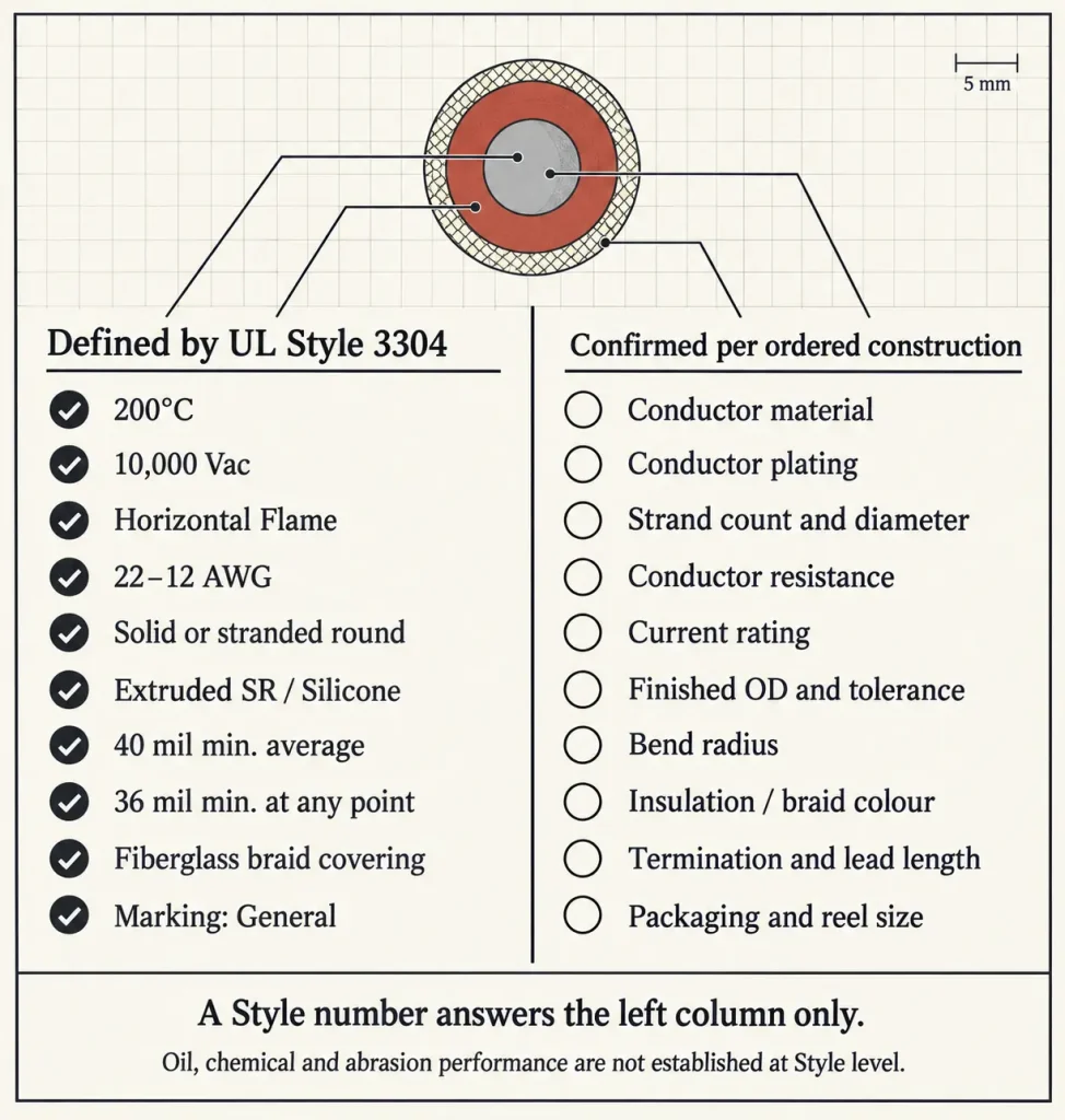 UL 3304 diagram separating Style-defined construction values from order-specific fields such as conductor material and finished OD