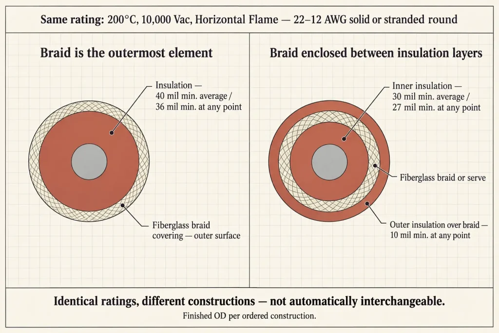 Construction comparison showing UL 3304 fiberglass braid over silicone insulation and UL 3573 braid enclosed between inner and outer silicone layers