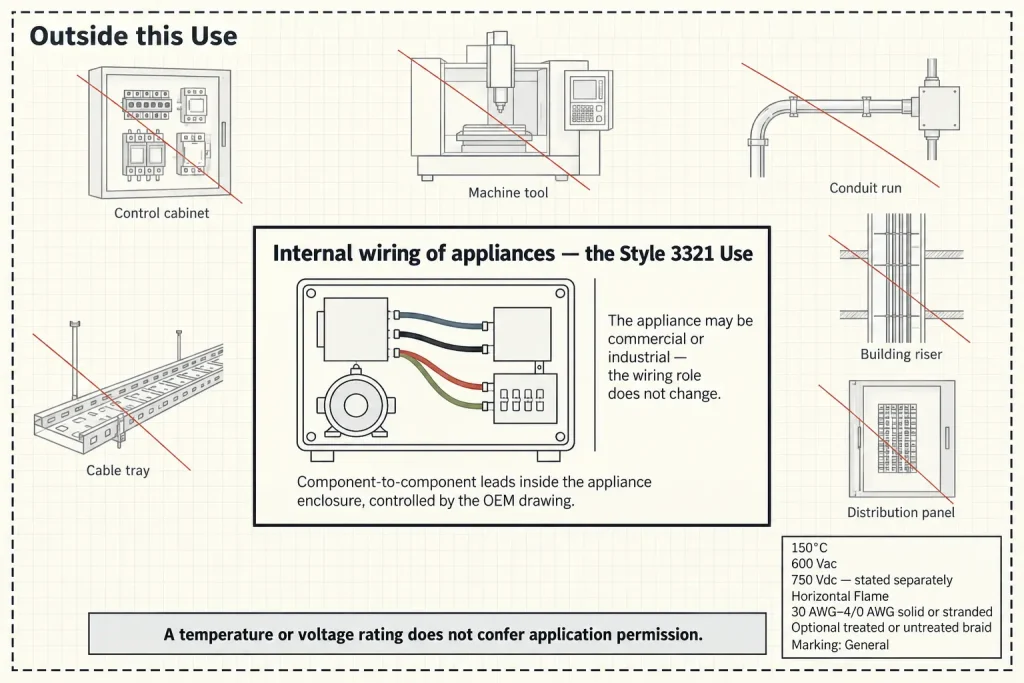 Diagram bounding UL 3321 internal wiring of appliances against general machinery and facility wiring categories