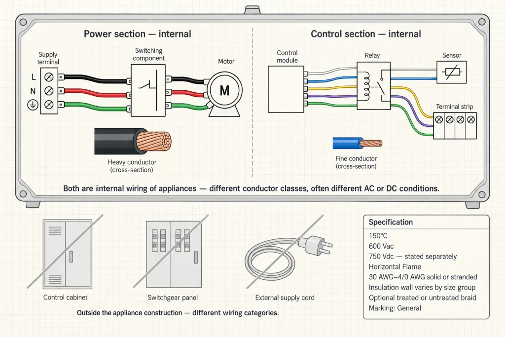 Diagram of UL 3321 internal leads in the power section and control section inside an appliance enclosure