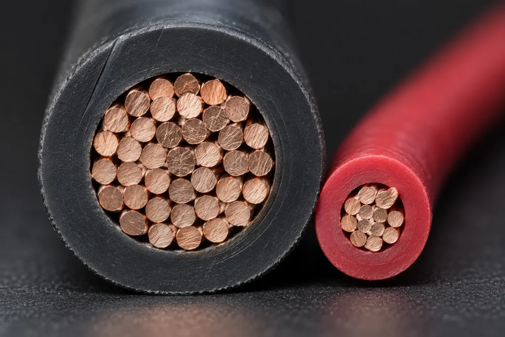 Macro comparison of a heavy UL 3321 power-section lead and a fine control-section lead from the same Style