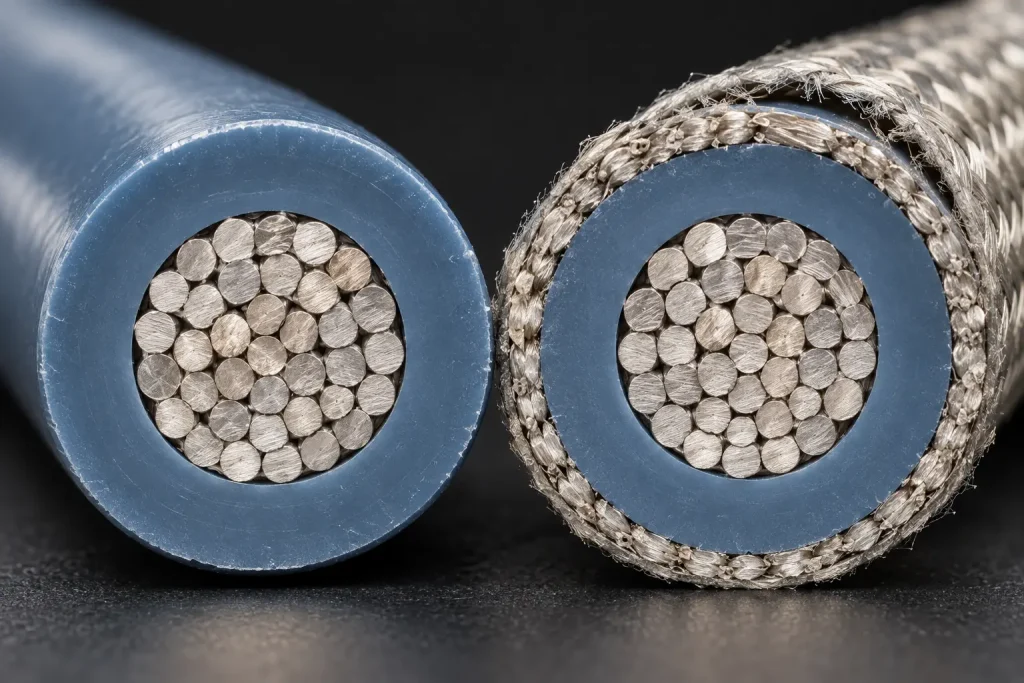 Macro comparison of UL 3321 wire with plain XLPE insulation and with the optional braid covering
