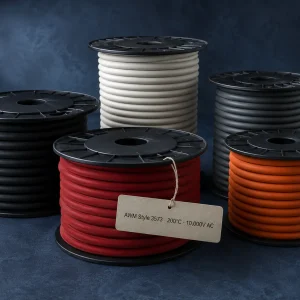 UL AWM Style 3573 silicone rubber ignition wire, 200°C, 10000V AC, 22–12 AWG, three-layer SR plus fiberglass braid construction, multiple colour spools