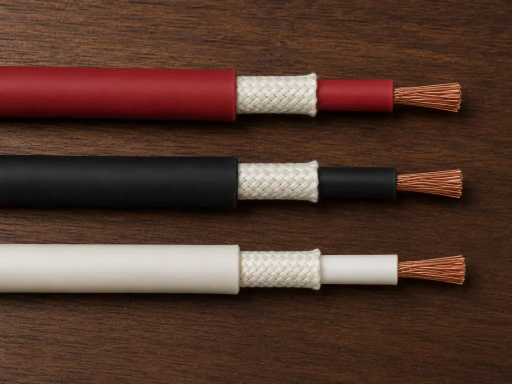 UL 3573 silicone rubber ignition wire colour options: red, black, white, three-layer construction, 200°C, 10000V AC, 22–12 AWG