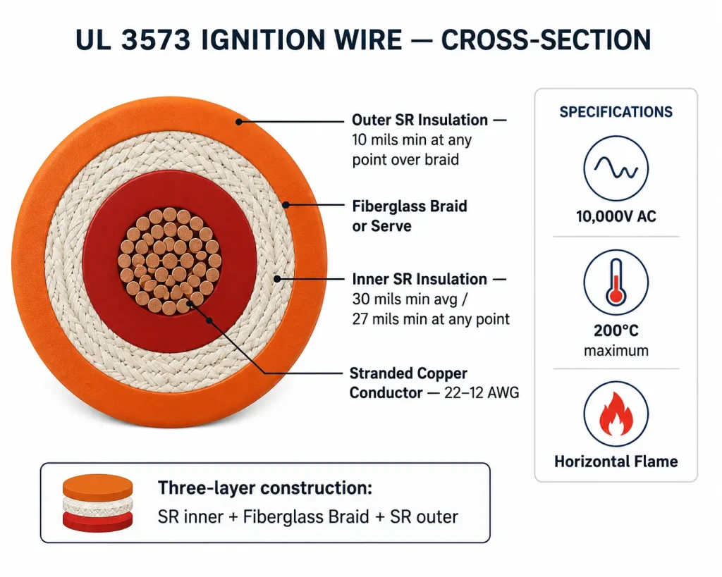UL 3573 ignition wire cross section diagram showing SR 30 mil inner insulation, fiberglass braid, SR 10 mil outer layer, 200°C, 10000V AC