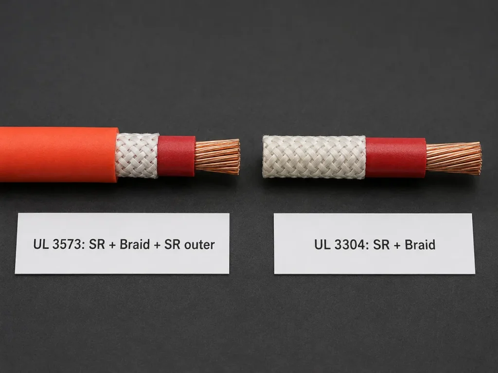UL 3573 three-layer silicone fiberglass braid ignition wire versus UL 3304 two-layer construction comparison, 200°C, 10000V AC, 22–12 AWG