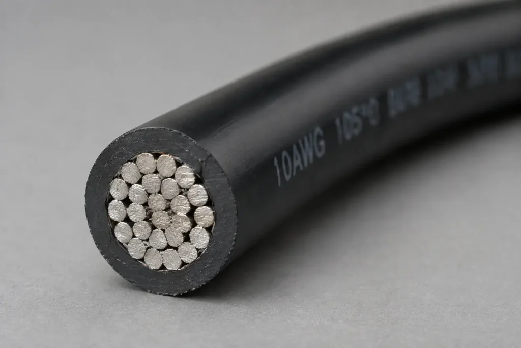 Macro cross-section of UL 3666 10 AWG tinned copper XLPE wire showing stranded conductor and extruded XLPE wall