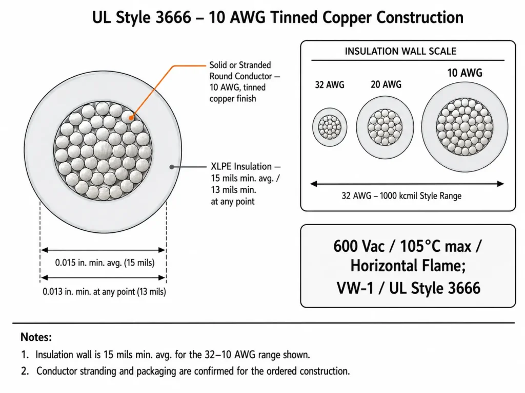UL Style 3666 10 AWG tinned copper XLPE wire cross-section diagram showing conductor and 15 mil insulation wall