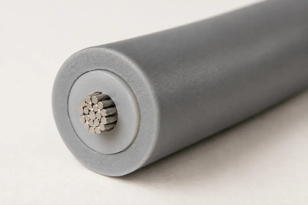 Macro cut-end detail of UL 3954 cable showing separate silicone rubber jacket layer over underlying insulated conductor