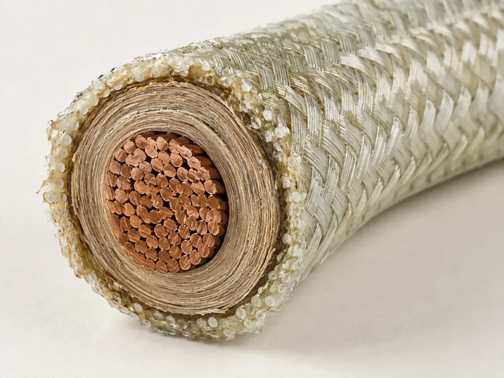 Macro cross-section of UL 5107 6 AWG power wire showing stranded conductor, mica tape wrap, and glass braid layer