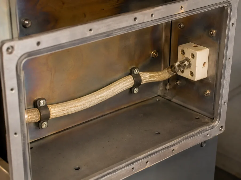 UL 5107 6 AWG mica glass power wire routed as protected internal wiring inside high-temperature equipment
