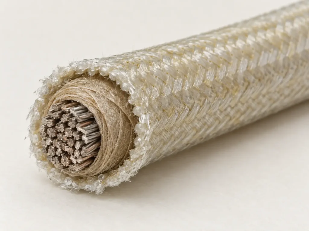 Macro cross-section of UL 5107 wire showing stranded conductor, mica tape wrap, and treated glass braid layer