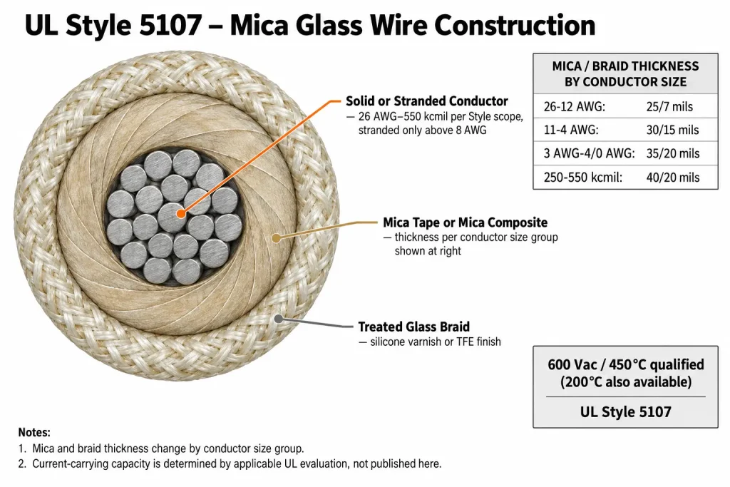 UL Style 5107 wire cross-section diagram showing conductor, mica tape, and treated glass braid thickness by conductor size group