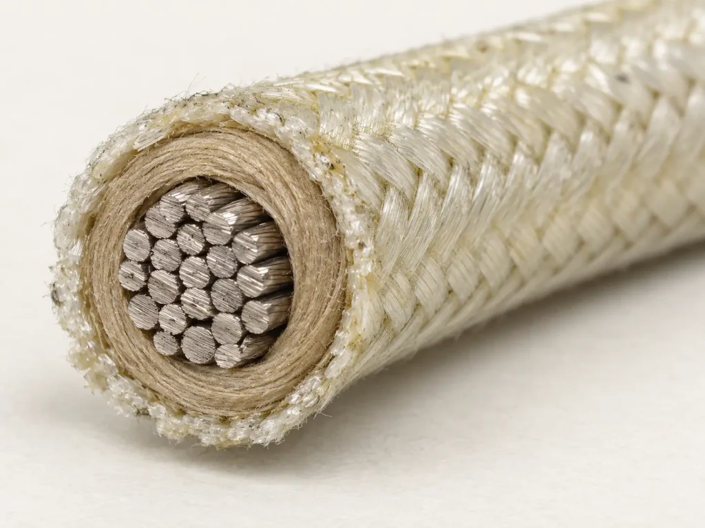 Macro cross-section of UL 5128 12 AWG wire showing stranded conductor, mica tape wrap, and treated glass braid layer