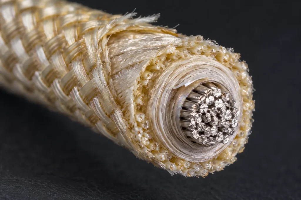 Macro cross-section of UL 5128 wire showing mica tape layers beneath the treated glass braid