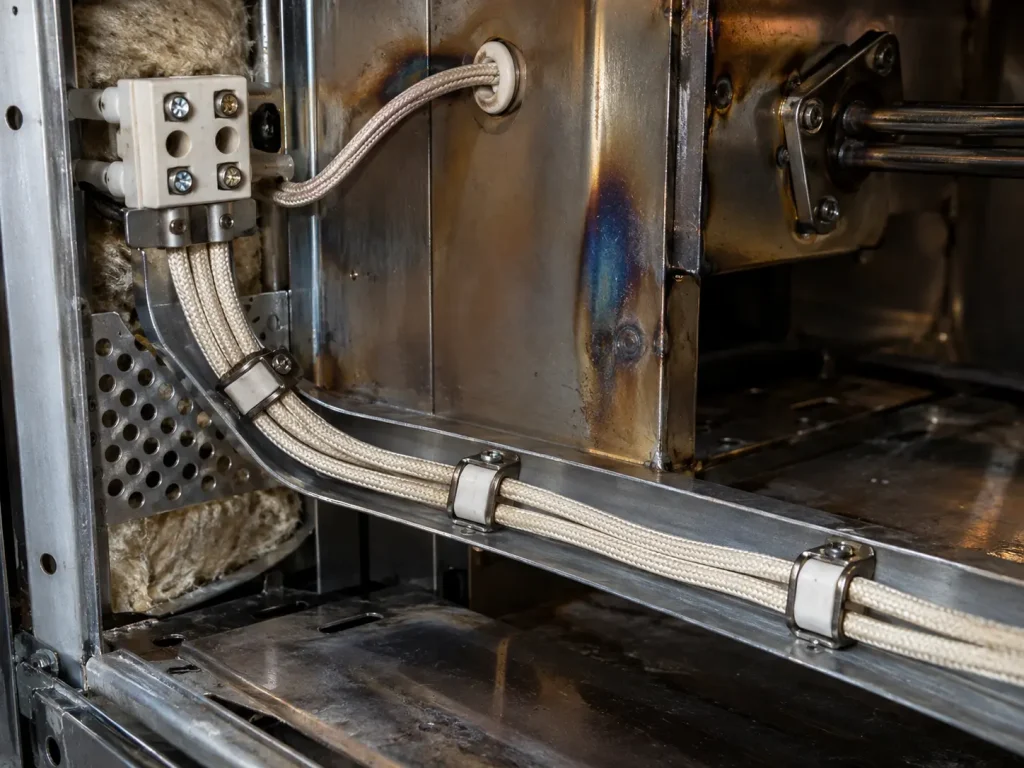 UL 5128 mica glass braid wire in a fixed protected internal routing position inside oven equipment