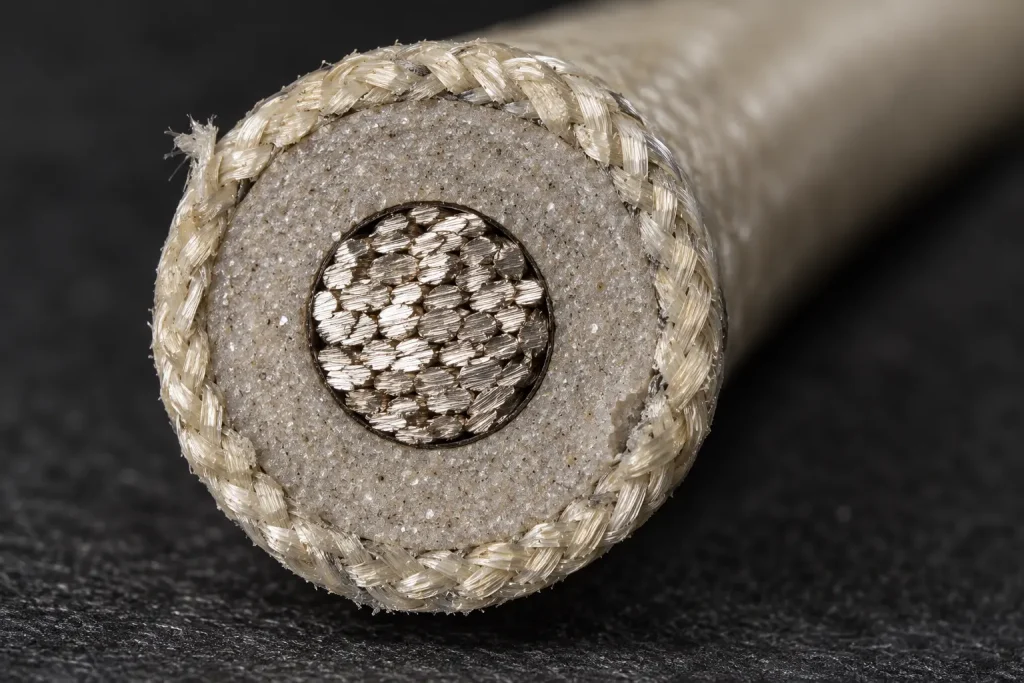 Macro cross-section of UL 5334 wire showing the composite mica glass wall beneath the treated glass braid