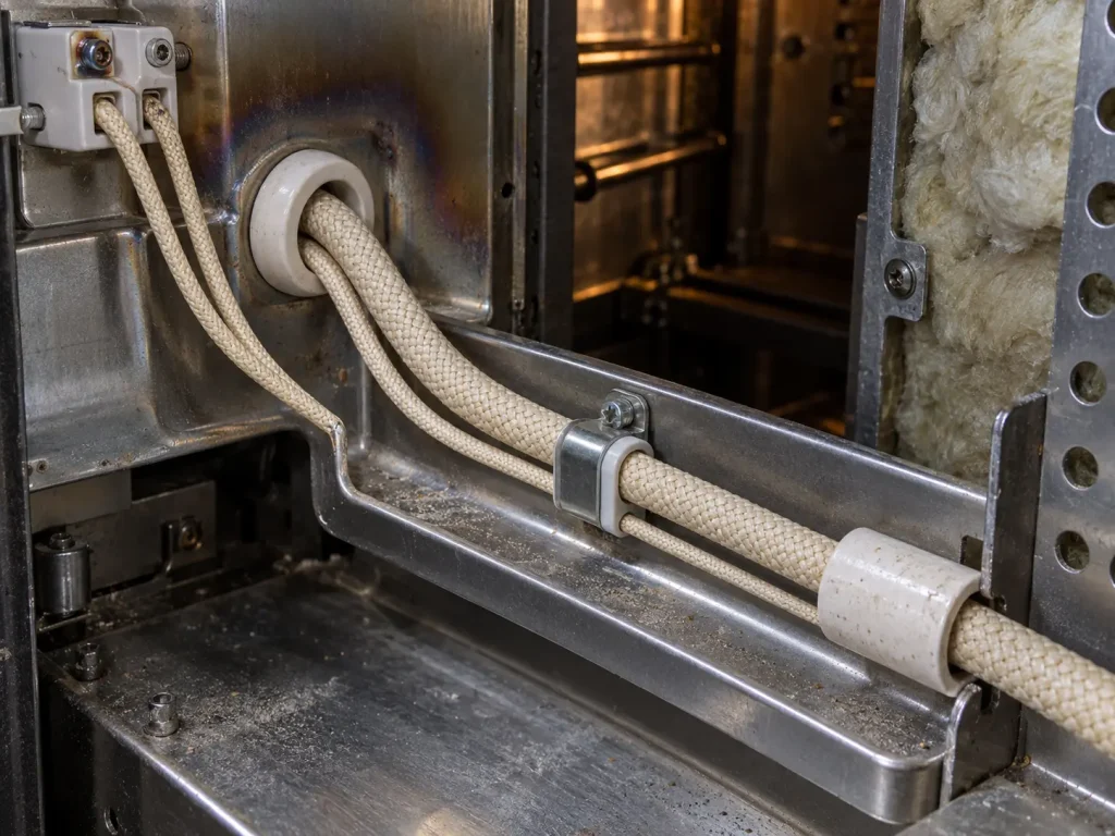 UL 5334 mica glass braid wire routed inside oven equipment with mechanical protection at the crossing points