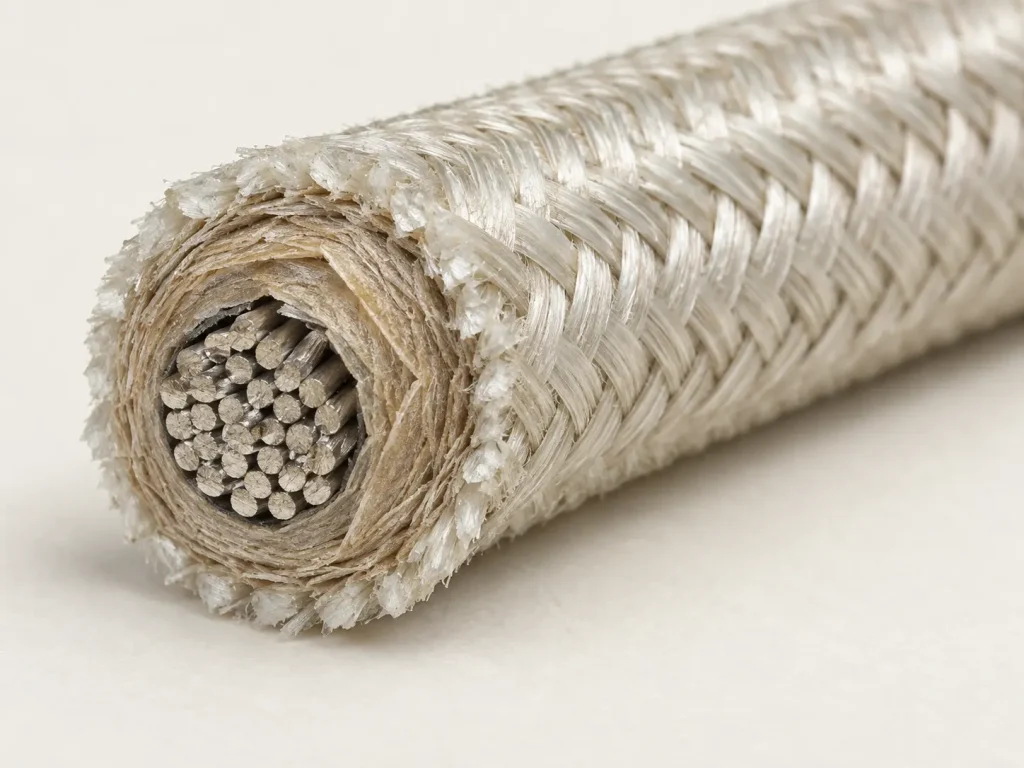 Macro cross-section of UL 5335 wire showing stranded conductor, mica wrap, and glass braid layer