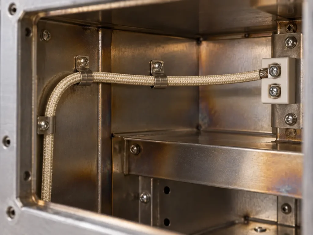 UL 5335 mica glass braid wire installed as protected fixed internal wiring inside industrial oven equipment