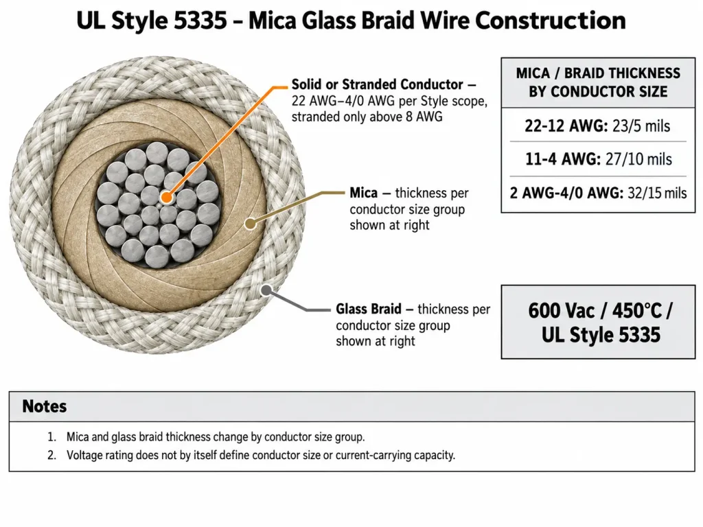 UL Style 5335 wire cross-section diagram showing conductor, mica, and glass braid thickness by conductor size group