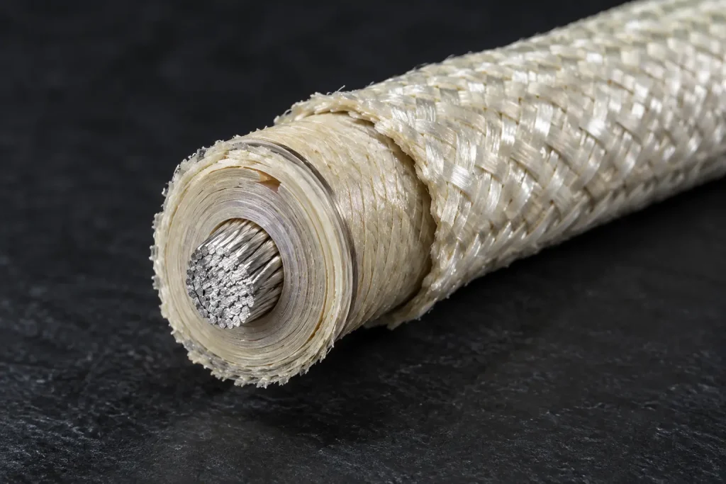 Macro cross-section of UL 5359 single-conductor wire showing mica tape beneath the treated glass braid