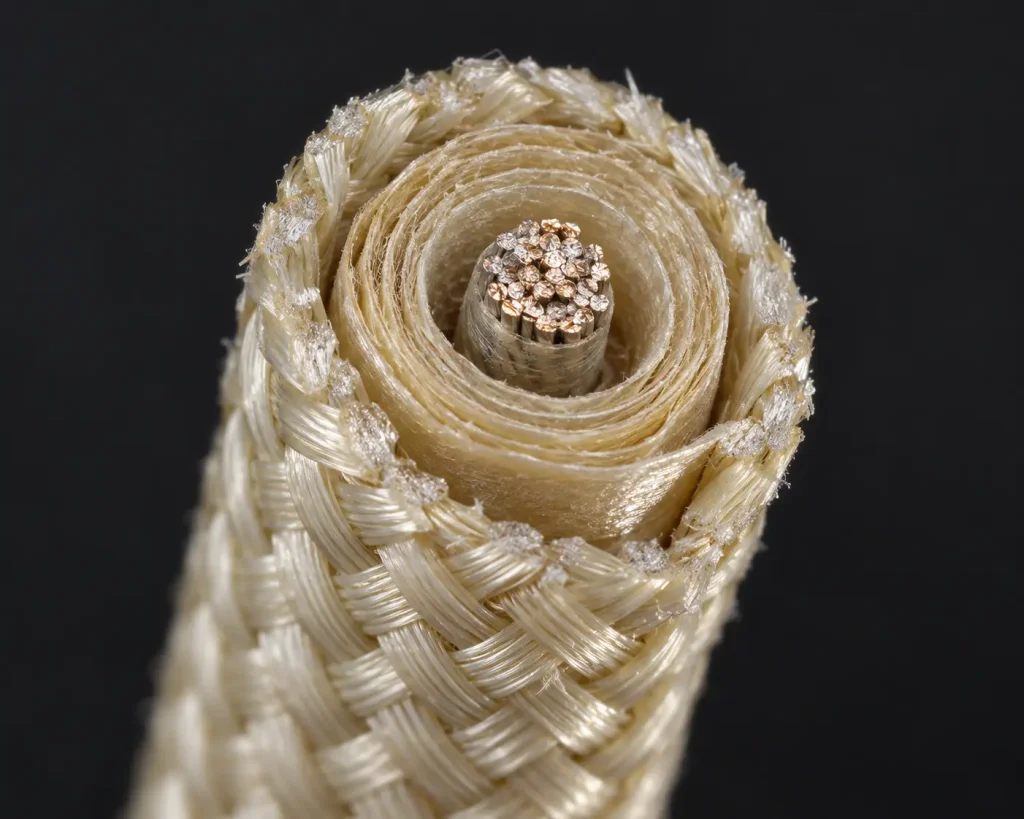 Macro cross-section of small-gauge UL 5360 wire showing mica tape beneath the treated glass braid