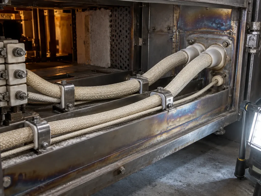 UL 5476 mica glass braid wire in a fixed protected internal routing position in high-temperature process equipment
