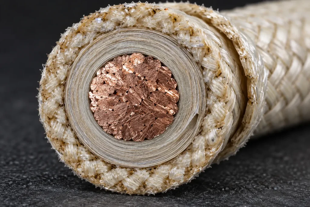 Macro cross-section of large-conductor UL 5476 wire showing mica tape layers under the treated glass braid