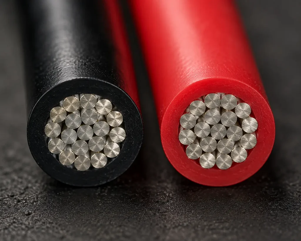 UL 1007 PVC wire freshly cut cross-section macro showing stranded copper and PVC insulation ring