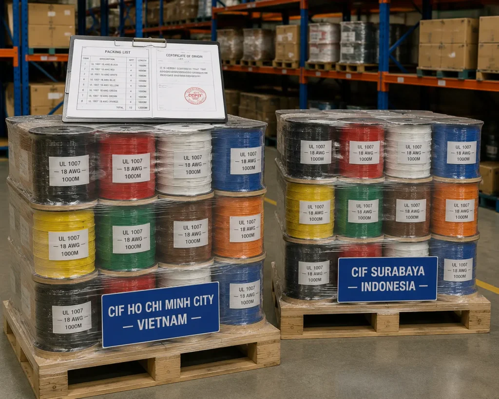 UL 1007 PVC wire reels palletised and labelled for CIF export to Ho Chi Minh City and Surabaya