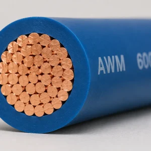 UL AWM Style 1015 14 AWG PVC wire cut-end close-up showing stranded copper conductor and 30 mils extruded PVC insulation wall per UL Subject 758