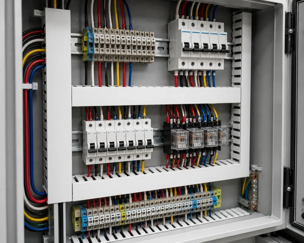 UL AWM Style 1015 14 AWG PVC wire routed inside industrial control panel enclosure for protected equipment internal wiring, 105°C maximum 600 Vac