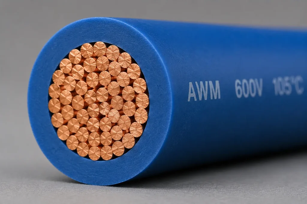 UL AWM Style 1015 14 AWG PVC wire cut-end close-up showing stranded copper conductor bundle and 30 mils extruded PVC insulation wall per UL Subject 758