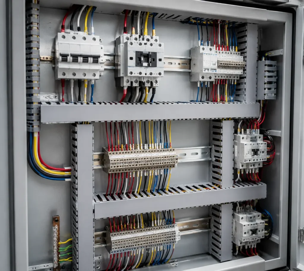 UL AWM Style 1015 14 AWG PVC wire routed inside protected industrial control panel for internal equipment wiring, 105°C maximum 600 Vac
