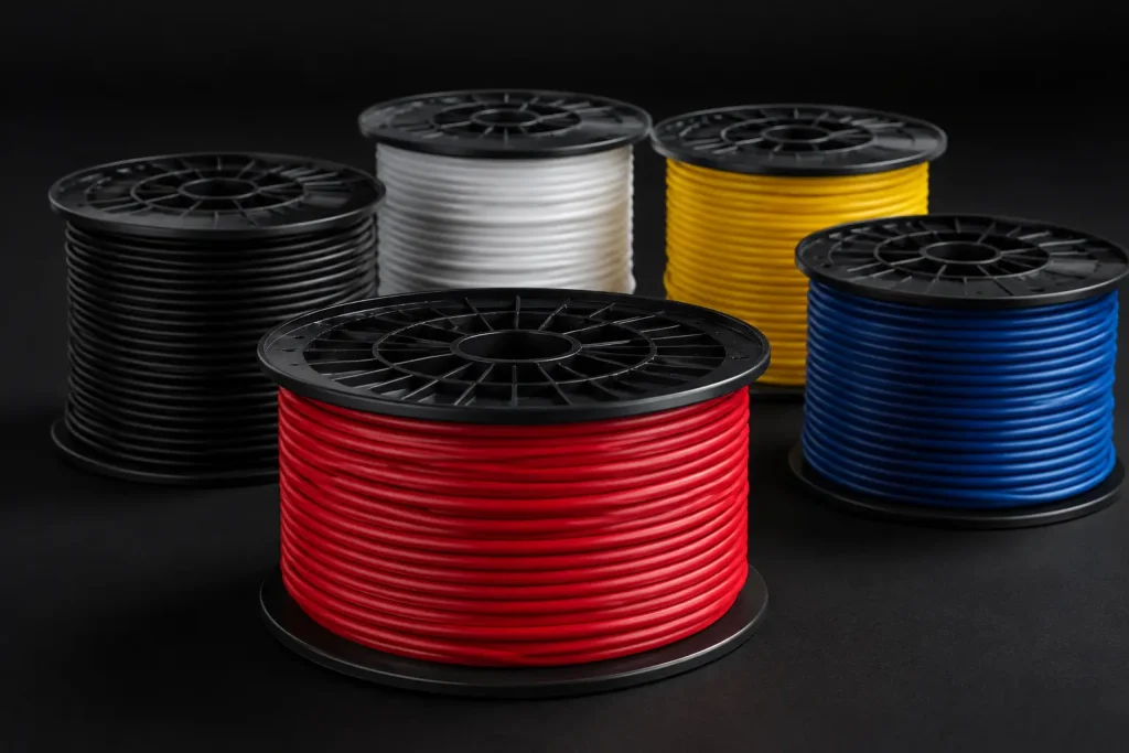 UL AWM Style 1015 14 AWG PVC wire cut-end close-up showing stranded copper conductor and 30 mils extruded PVC insulation wall per UL Subject 758