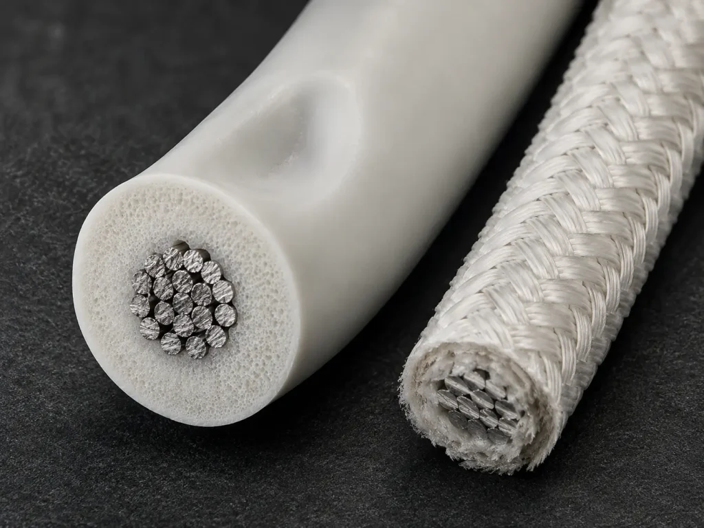 UL 3135 silicone wire freshly cut cross-section macro showing copper strands and soft bare silicone insulation ring
