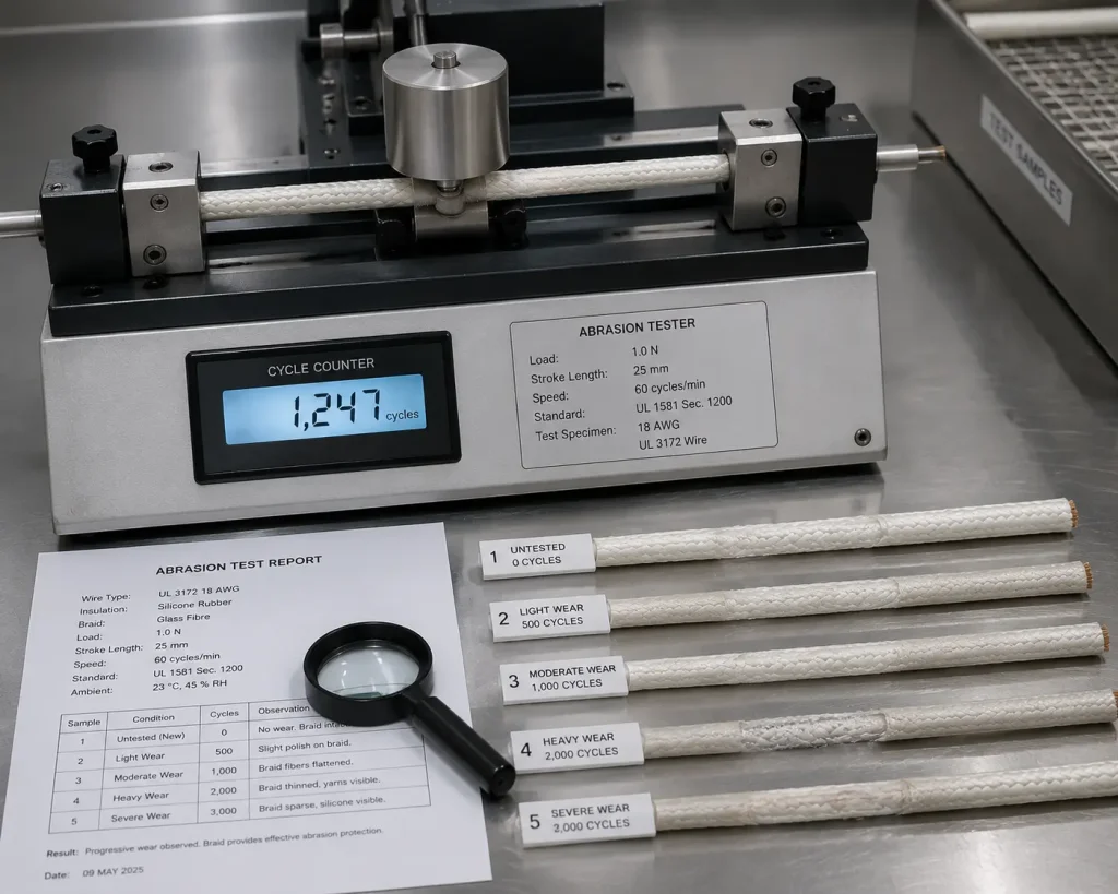 UL 3172 braided silicone wire abrasion test on glass braid surface quality control bench inspection