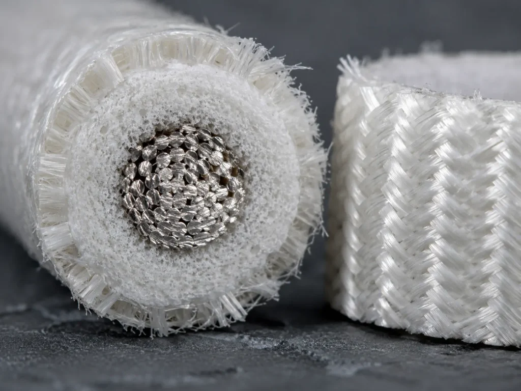 UL 3172 wire freshly cut cross-section macro showing copper strands silicone insulation and outer glass braid layer