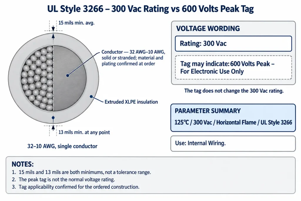 UL 3266 diagram comparing the 300 Vac rating with the 600 Volts Peak For Electronic Use Only tag
