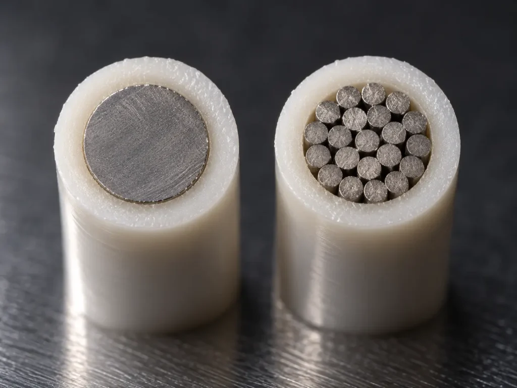 Macro cut ends of UL 3266 wire showing XLPE insulation over solid and stranded conductors