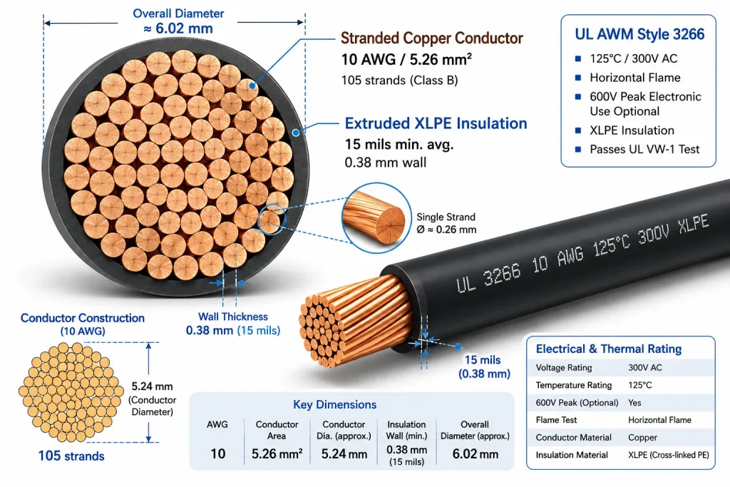 UL 3266 XLPE wire technical cross-section diagram 10 AWG stranded copper XLPE insulation 15 mils wall