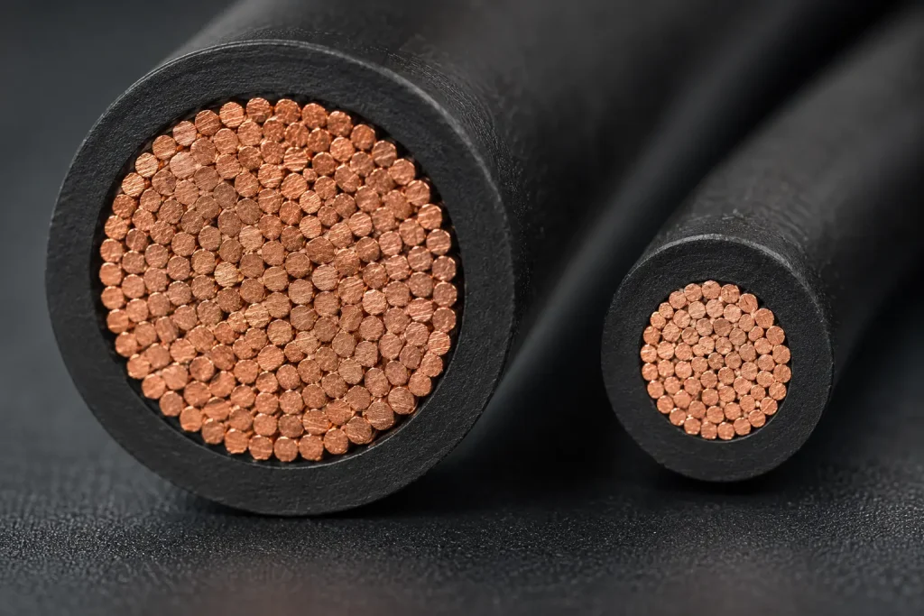 UL 3266 XLPE wire freshly cut cross-section macro showing stranded copper and thin XLPE insulation ring
