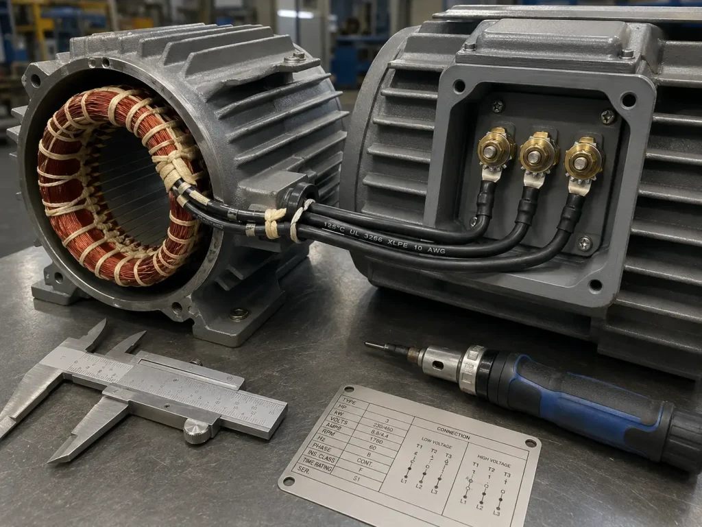 UL 3266 XLPE wire routed as motor lead from stator winding to terminal box inside electric motor frame