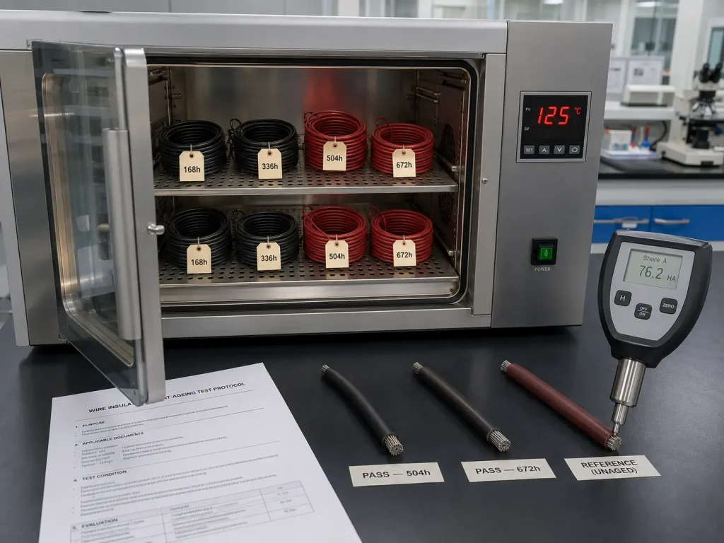 UL 3266 XLPE wire insulation heat ageing test samples inside laboratory oven quality control station