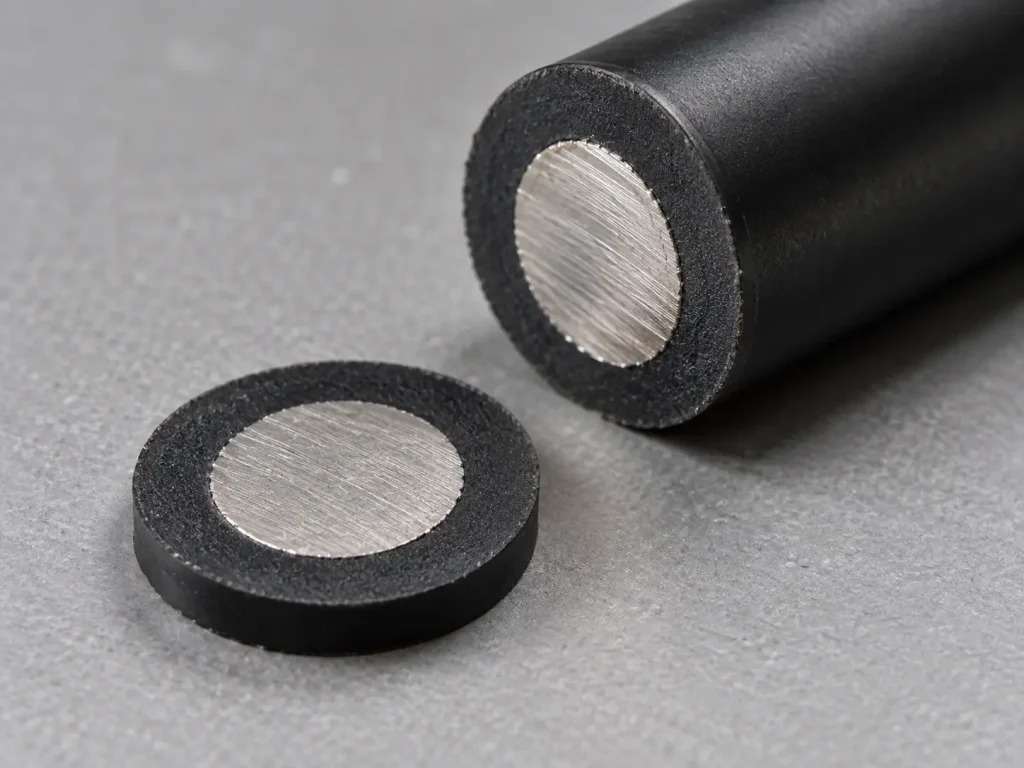 Macro of a thin cut slice of UL 3321 wire beside the wire end showing the XLPE wall ring