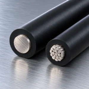 UL 3321 3–2 AWG XLPE wire lengths laid in parallel on a brushed aluminium plate with cut ends toward the camera