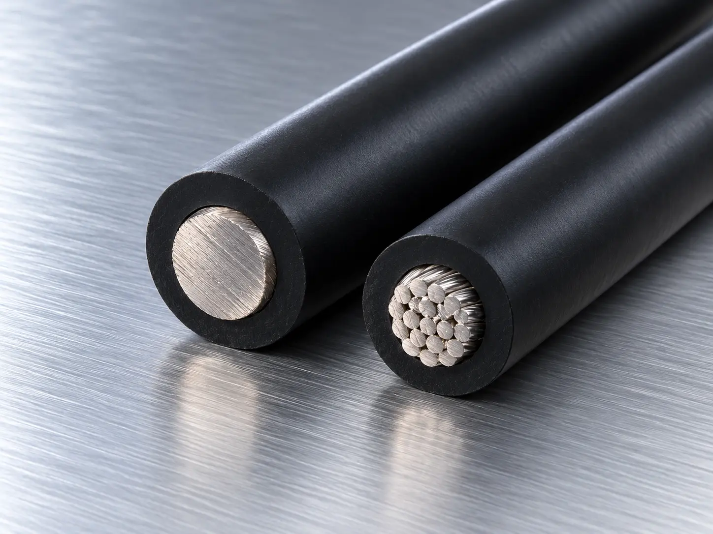 UL 3321 3–2 AWG XLPE wire lengths laid in parallel on a brushed aluminium plate with cut ends toward the camera