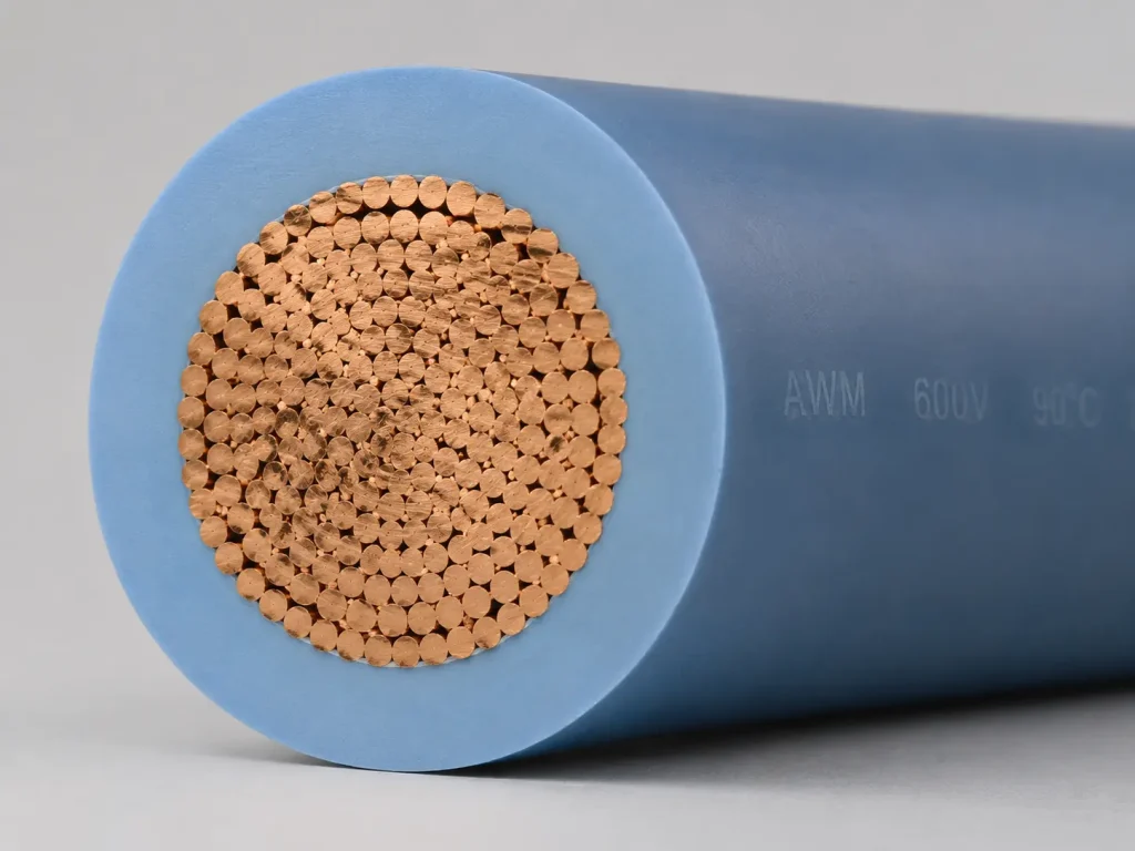 UL AWM Style 3321 XLPE wire large-gauge cut-end close-up showing stranded copper conductor and extruded XLPE insulation wall per UL Subject 758