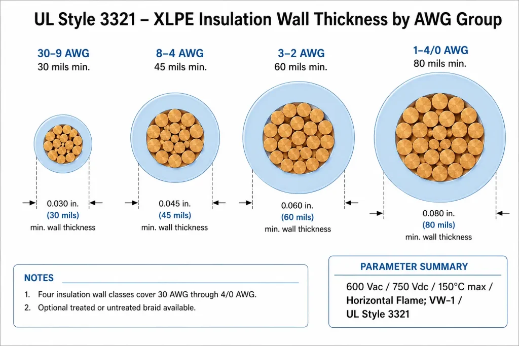 UL AWM Style 3321 cross-section technical diagram showing stranded copper conductor and extruded XLPE insulation wall thickness groups from 30 AWG to 4/0 AWG per UL Subject 758